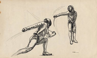 Rekabetçi eskrim - iki hanımefendiler, sporcular bir maçta. Bir elle çizilmiş örnek. Serbest çizim, bir spor olayı resim çizme.