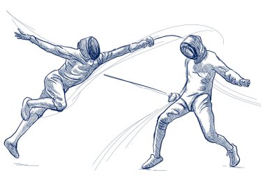 Rekabetçi eskrim - iki hanımefendiler, sporcular bir maçta. Bir elle çizilmiş örnek. Serbest çizim, çizim bir spor olayı. Satır resmi beyaz izole mavi renkte.