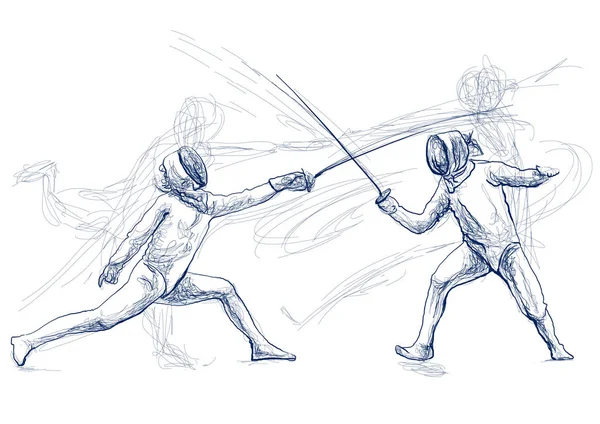 Fencing Competitivo Dos Deportistas Atletas Partido Una Ilustración Dibujada Mano —  Fotos de Stock