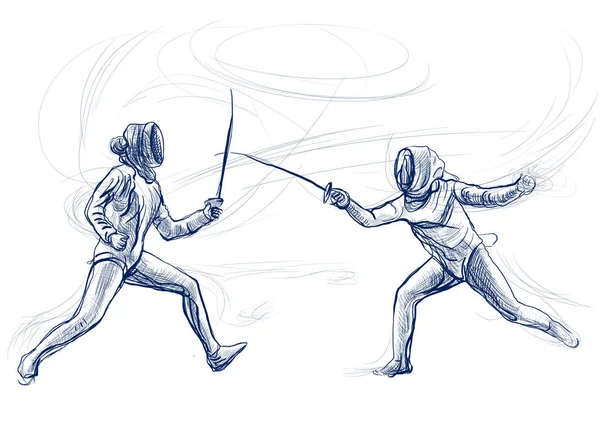 Конкурентное Фенсинг Два Спортсмена Спортсмены Матче Ручная Иллюстрация Свободное Рисование — стоковое фото