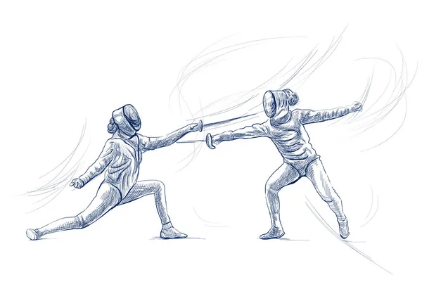 Fencing Competitivo Due Sportivi Atleti Una Partita Illustrazione Disegnata Mano — Foto Stock