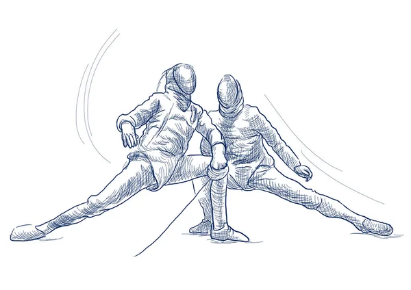 Fencing Competitivo Dos Deportistas Atletas Partido Una Ilustración Dibujada Mano —  Fotos de Stock