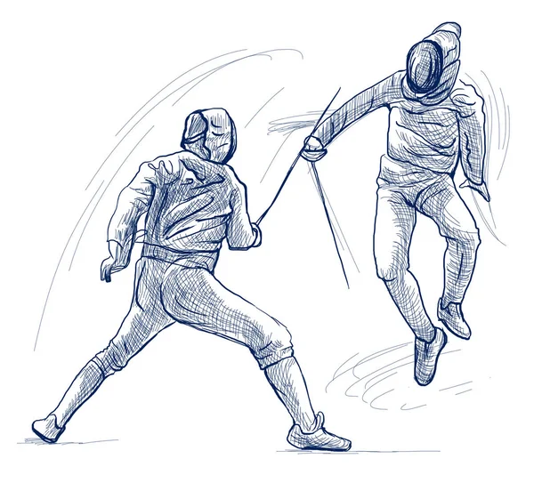 競争力のあるフェンシング つの実状 試合での選手 手描きイラスト フリーハンド スケッチ スポーツ イベントの描画します ブルーの色が白で隔離ライン アート — ストック写真
