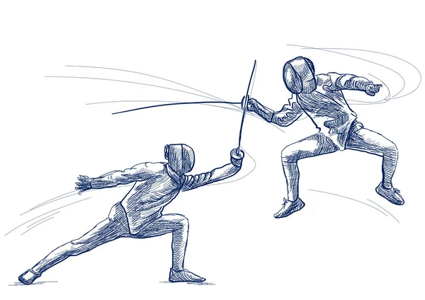 Fencing Competitivo Dos Deportistas Atletas Partido Una Ilustración Dibujada Mano — Foto de Stock