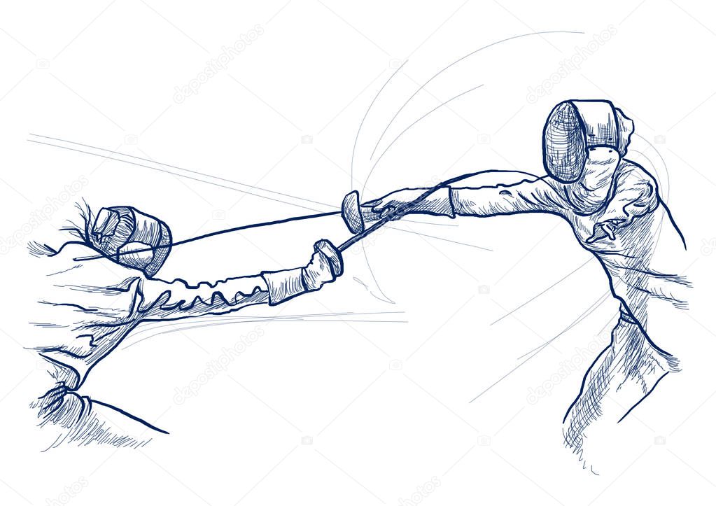 Competitive FENCING - Two sportmen, athletes in a match. An hand drawn illustration. Freehand sketching, drawing of an sporting event. Line art in blue colour isolated on white.