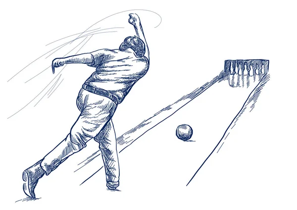 保龄球 一个运动员 复古风格的手绘插图 手绘素描 体育赛事的绘画 蓝色线艺术在白色背景 — 图库照片