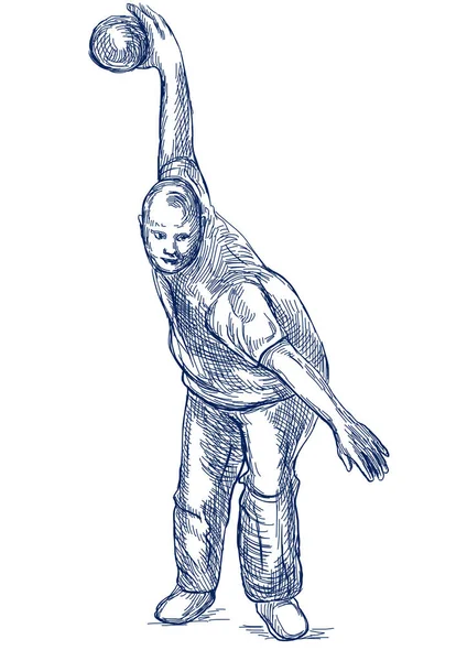 保龄球 一个运动员 复古风格的手绘插图 手绘素描 体育赛事的绘画 蓝色线艺术在白色背景 — 图库照片