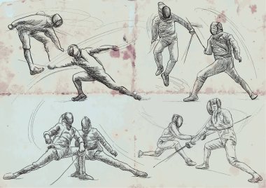 Rekabetçi eskrim. Vektör toplama, paketi. İki hanımefendiler, sporcular bir maçta. Bir elle çizilmiş örnek. Serbest çizim, bir spor olayı resim çizme.