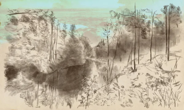 Paysage Campagne Une Illustration Dessinée Main Dessin Numérique — Photo