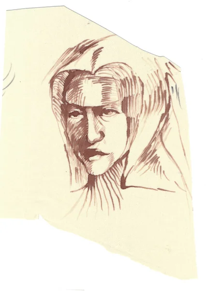 Vintage Portret Głowy Kobieta Ilustracja Technika Tusz Lekkie Tkaniny Żółty — Zdjęcie stockowe