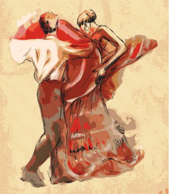 İspanyol dansçılar. Bir el serbest çizim vektör çizim çekilmiş. Oyma.