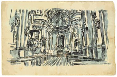 Kilise iç. Bir elle çizilmiş vektör çizim. Basık efekti. Vintage tarzı.