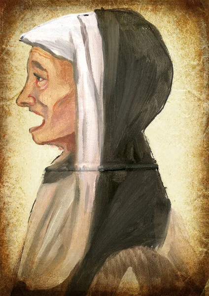 Nun. Hand painting. Vintage processing.