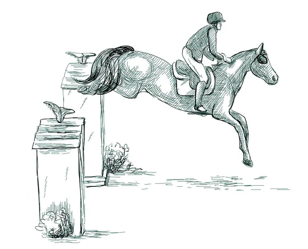 Show Jumping, hand drawn illustration. Line art technique on whi — Stock Photo, Image