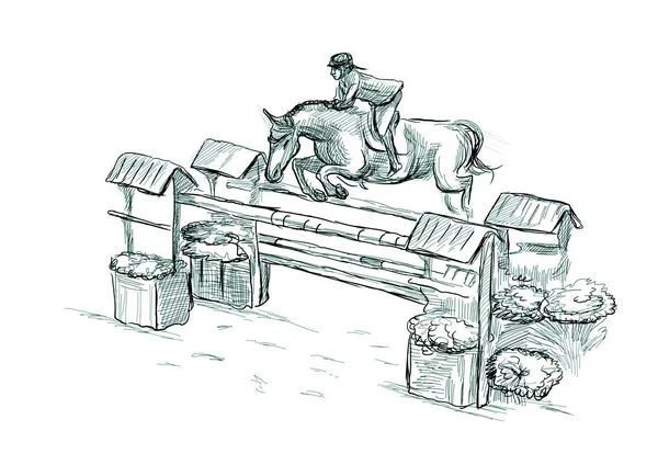 Show Jumping, hand drawn illustration. Line art technique on whi — Stock Photo, Image