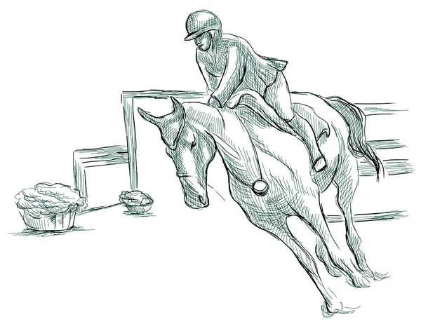 Show Jumping, hand drawn illustration. Line art technique on whi — Stock Photo, Image