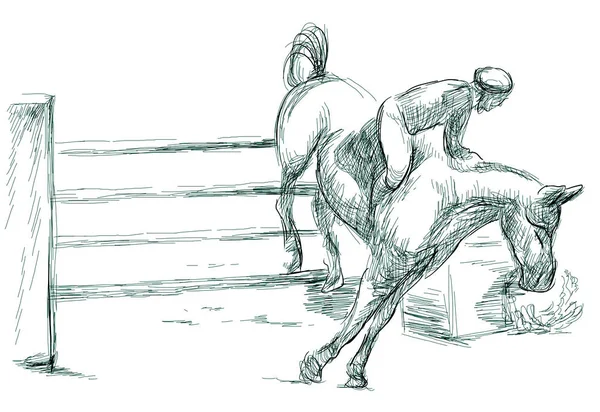 Show Jumping, hand drawn illustration. Line art technique on whi — Stock Photo, Image