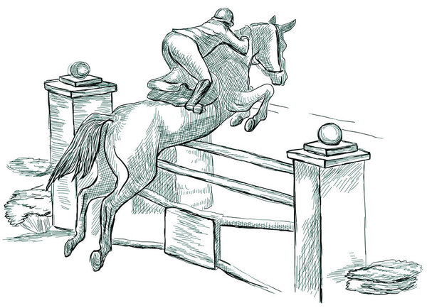 Show Jumping, hand drawn illustration. Line art technique on whi