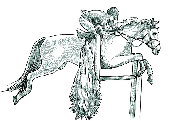 Springreiten, handgezeichnete Illustration. Line Art Technik auf whi — Stockfoto