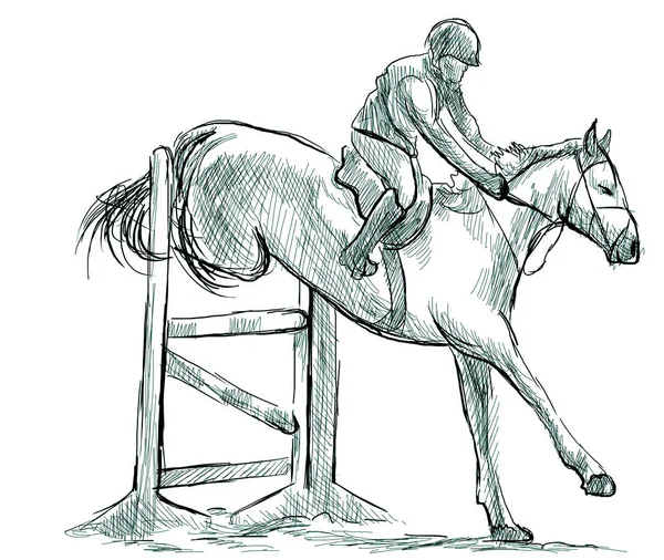 Show Jumping, hand drawn illustration. Line art technique on whi — Stock Photo, Image