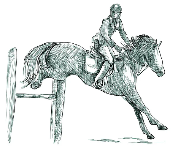 Show Jumping, hand drawn illustration. Line art technique on whi — Stock Photo, Image