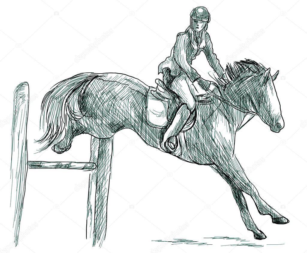 Show Jumping, hand drawn illustration. Line art technique on whi