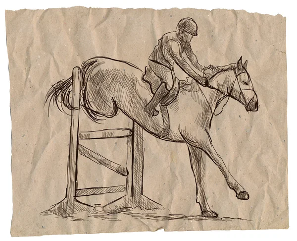 Show Jumping, hand drawn illustration. Line art technique. — Stock Photo, Image