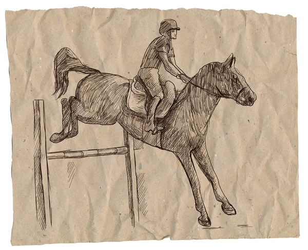 Show Jumping, hand drawn illustration. Line art technique. — Stock Photo, Image