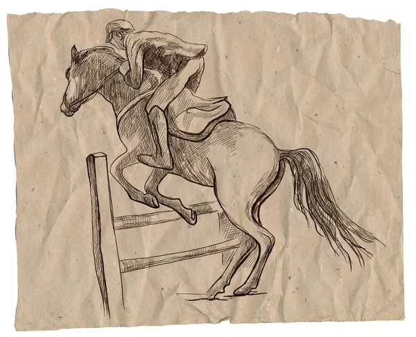 Show Jumping, hand drawn illustration. Line art technique. — Stock Photo, Image