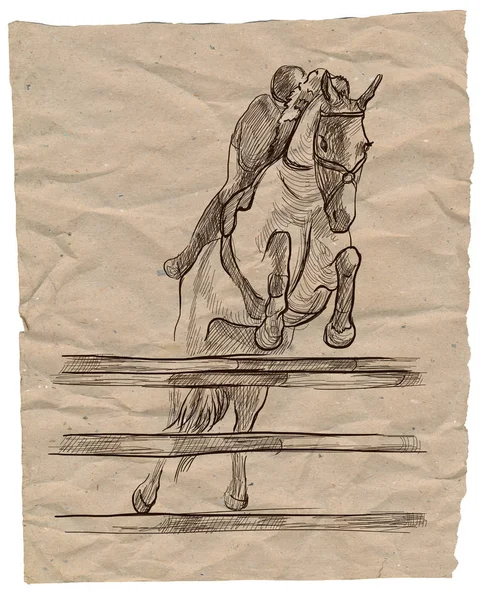 Show Jumping, hand drawn illustration. Line art technique. — Stock Photo, Image