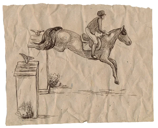 Show Jumping, hand drawn illustration. Line art technique. — Stock Photo, Image