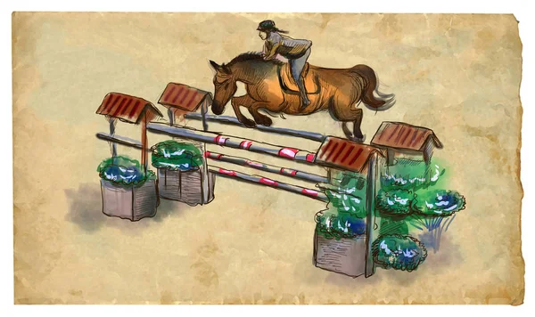 Show Jumping, hand drawn colored illustration. Line art techniqu — Stock Photo, Image