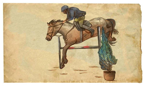 Show Jumping, hand drawn colored illustration. Line art techniqu — Stock Photo, Image