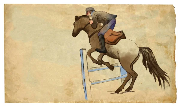 Show Jumping, hand drawn colored illustration. Line art techniqu — Stock Photo, Image