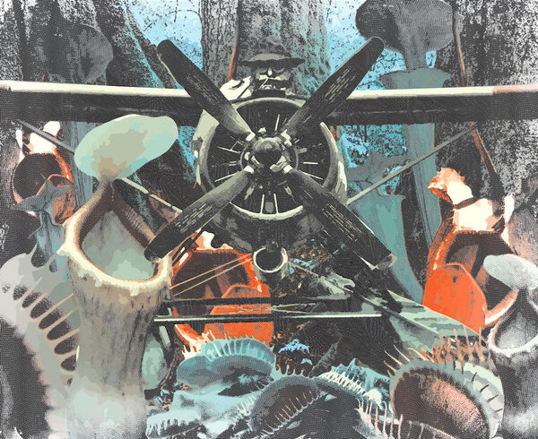 Авиатор летит на плотоядных растений, винтажная гравировка, р
