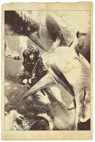 Sharks - engraved vintage illustration, fighting diver with shot — Stock Photo, Image