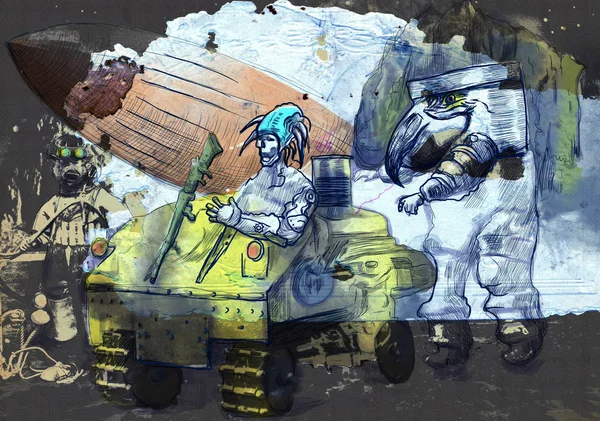 Steampunkers na księżyc-Sci-Fi-Hand rysowane-retro przetwarzania — Zdjęcie stockowe