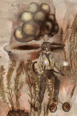 Garip bir uçan makinesi olan bir havacı. Bilim kurgu, buhar punk, retro işleme - Leonardo da Vinci 'nin çizimlerinden biraz ilham aldım.