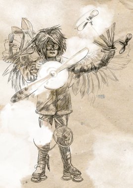 Garip bir uçan makinesi olan bir havacı. Bilim kurgu, buhar punk, retro işleme - Leonardo da Vinci 'nin çizimlerinden biraz ilham aldım.