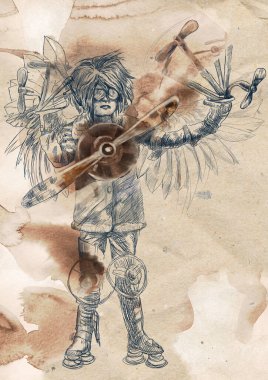Garip bir uçan makinesi olan bir havacı. Bilim kurgu, buhar punk, retro işleme - Leonardo da Vinci 'nin çizimlerinden biraz ilham aldım.