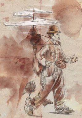 Garip bir uçan makinesi olan bir havacı. Bilim kurgu, buhar punk, retro işleme - Leonardo da Vinci 'nin çizimlerinden biraz ilham aldım.