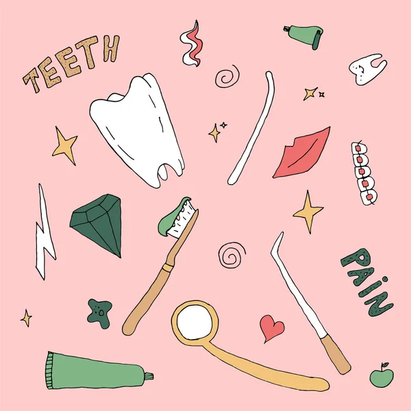 Het Aantal Objecten Van Tandheelkunde Vector Teethcare Tools Doodle Stijl — Stockvector