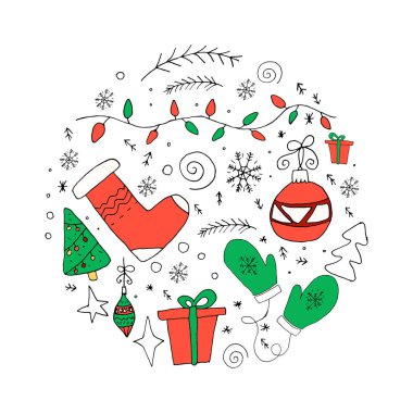 Noel çemberde ayarla. Elle çizilmiş doodle öğeleri. Vektör çizim.