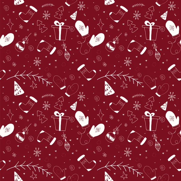 Різдвяний Візерунок Темно Червоного Кольору Каракулевими Елементами Векторний Безшовний Візерунок — стоковий вектор
