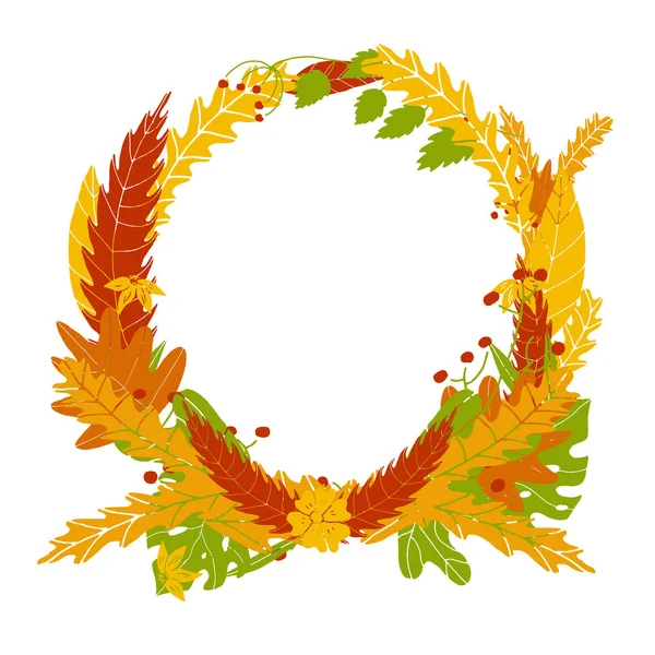 Autumn Leaves Circle Frame Hand Drawn Style Vector Colorful Orange — Stock Vector