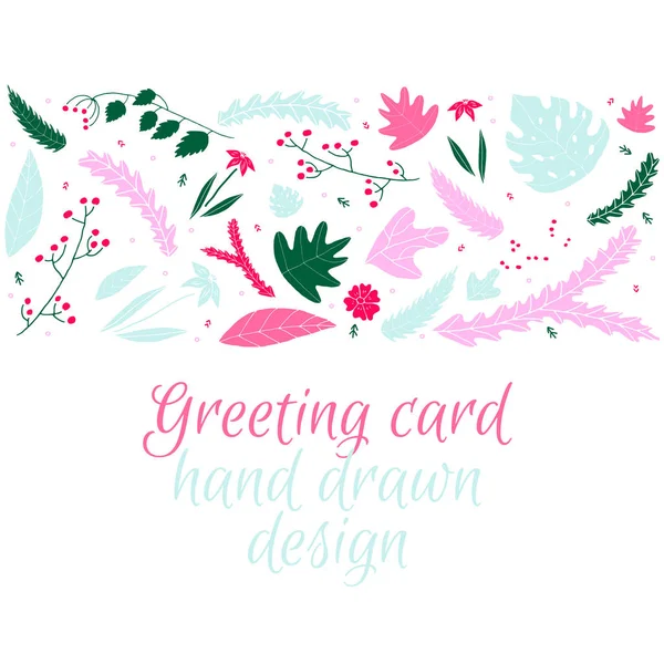 Feuilles Fleurs Carte Vœux Style Dessiné Main Carte Florale Rose — Image vectorielle