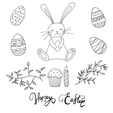 Paskalya kavramı. Bunny yumurta, pasta, mum ve yaprakları ile. Elle çizilmiş tarzı. Paskalya boyama kitabı