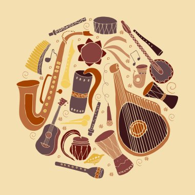 Elle çizilmiş bir dizi geleneksel Slav, Ukraynalı müzik aletleri Daire içinde. Reed boru, bandura, eşiği, sopilka, bandura, pan flüt vb.