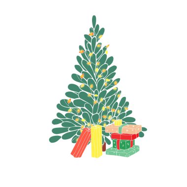 Noel ağacı ve hediyeler karikatür tarzı beyaz zemin üzerinde. Neşeli Noel kartı elinde tarzı çizilmiş. Vektör.