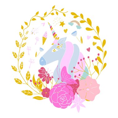 Tek boynuzlu at ile vektör çiçek çelenk. Daire çerçeve.